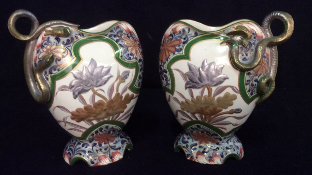 Pair /Set Vintage Asian Snake Handled Vases (1 of 10)