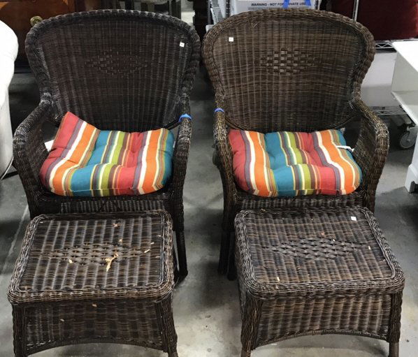 Pair Indoor Outdoor Woven Chairs & Ottomans (1 of 7)