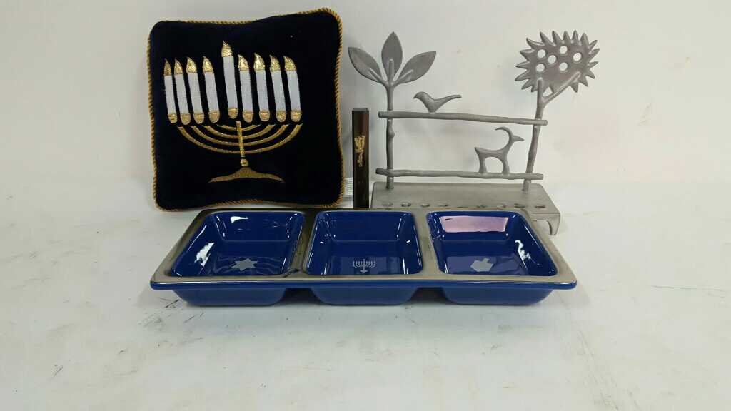 Judaism and Hanukkah Collection: One menorah with animal and tree decoration, measures 9 inches high by 9 inches wide by 4 inches deep One pillow with menorah decoration, measures 10 inches squared One hanukkah tray, three tray slots