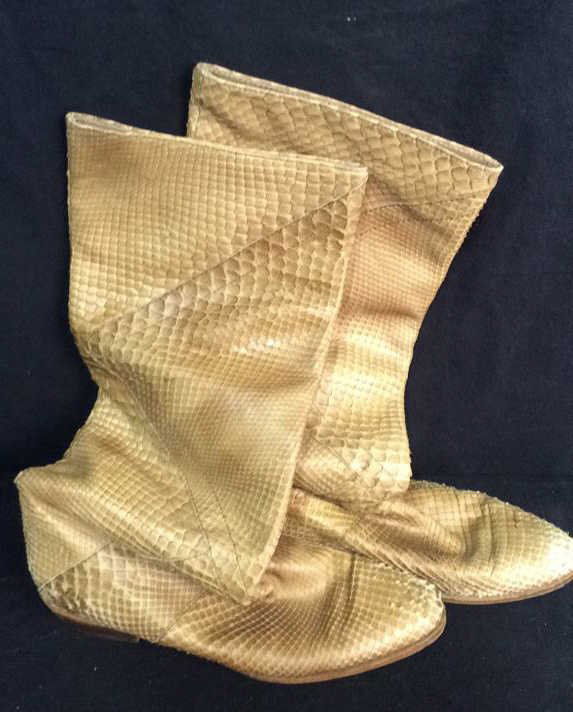 Vintage Eel Skin Boots Italy: Light Carmel colored eel skin boots purchased in Italy. Some wear at toes and bottom sides skins form triangular patterned rise to shoe. Marked made in Italy, size 38 1/2
