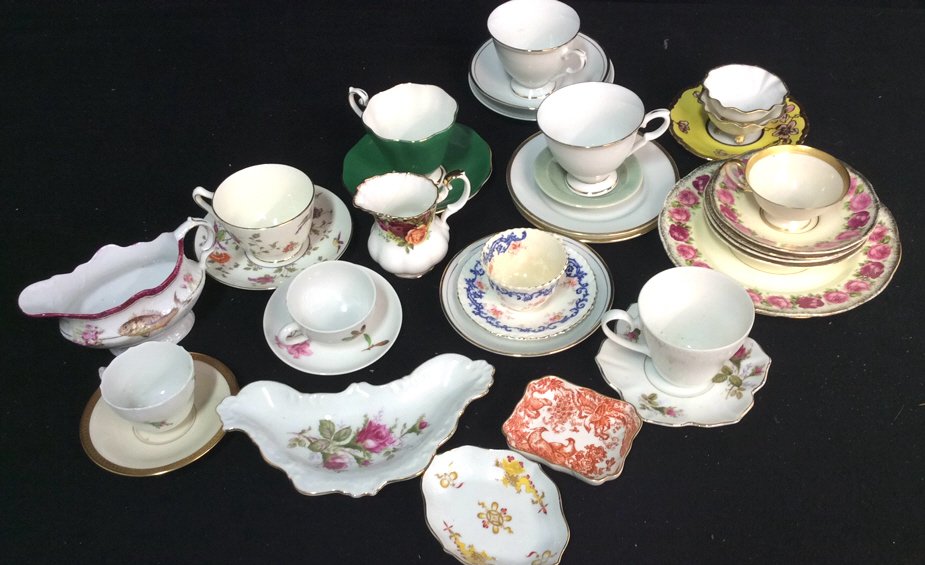 English French Porcelain Group Lot: Tea cups and saucers, small plates, creamers and more, brands include Limoges, Meissen, royal crown derby ( repaired) , Royal standard, staffordshire, Royal Albert, and more