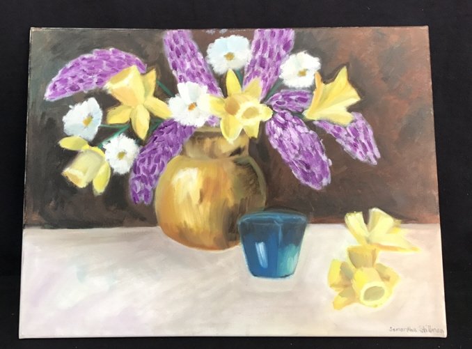 Samantha Stillman Signed Still Life: Samantha Stillman Signed Still Life, painting, purple yellow white flowers in gold Vase with blue cup, painting on canvas, measures in inches 24x18