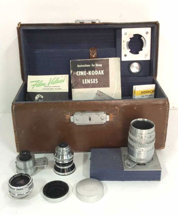 Kodak GE Lenses Carry Box, Instructions: Instruction booklet for cine Kodak lenses, American Standard , one lens marked Schneider-Kreuznach 4752727 Retina Curtar-Xenon, one marked made in USA Eastman Kodak, one marked Bell and Howell Super C