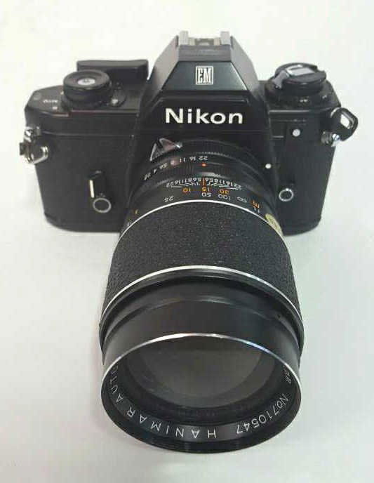 Nikon EM Camera With Lens: Nikon EM, made in Japan, Hanimar Automatic 1:2.8 f=135mm No.710547 made in Japan