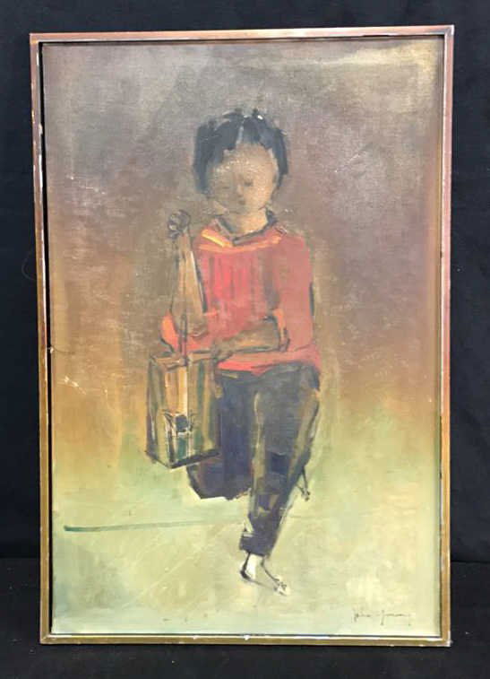 John Young Painting On Canvas: Signed Painting On Canvas, possible oil painting, dark colors muted, signed on bottom right illegibly, boy holding Box on string, frame has some chips, framed canvas measures in inches 25x37, by Hawai