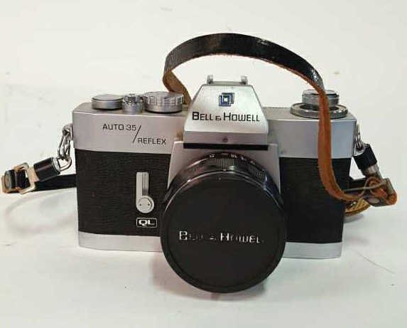 Bell & Howell Auto 35/Reflex QL With Lens: Bell & Howell Auto 35/Reflex QL, desigb 237, no.112333, lens Canon Lens EX 50mm 1:1.8, no. 18943, made in Japn