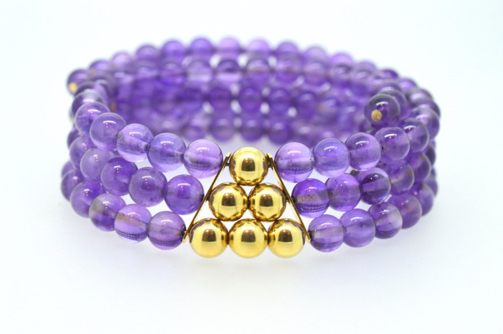 Natural Amethyst Bead & 14K Yellow Gold Chocker: Bold choker necklace, Pyramid of 14K Gold Beads fronts this intensely colorful piece. Adjustable. New merchandise from old stock.