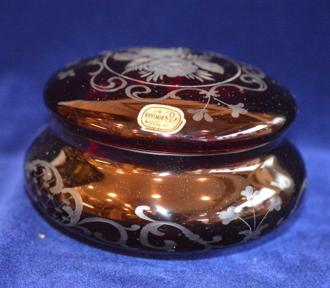 Floral Etched Ruby Red Egermann Crystal Bowl & Lid (1 of 3)