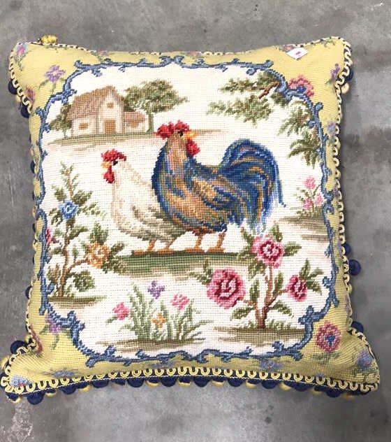 Needlepoint Pillow Country Rooster: Needlepoint Pillow Country Rooster, measures in inches 17x16