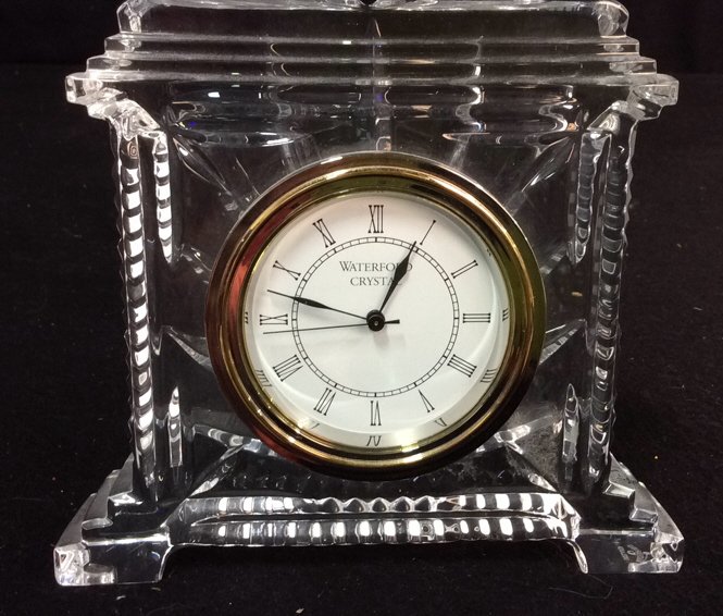 Waterford Crystal Desk Clock: Marked for Waterford, Art Deco styled stair stepped cut Crystal base and crown. Measures app 5.5 inches H by 6 inches width