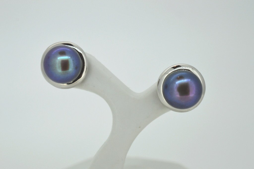 Tahitian Blue Iridescent Pearl Sterling Studs: 10mm Tahitian Blue Iridescent Pearl & Sterling Silver Studs, 10mm Tahitian Blue Iridescent Pearl & Sterling Silver Studs