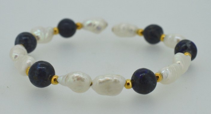 Seed Pearl Dark Blue Lapis Cuff Bracelet 14k Gold (1 of 4)