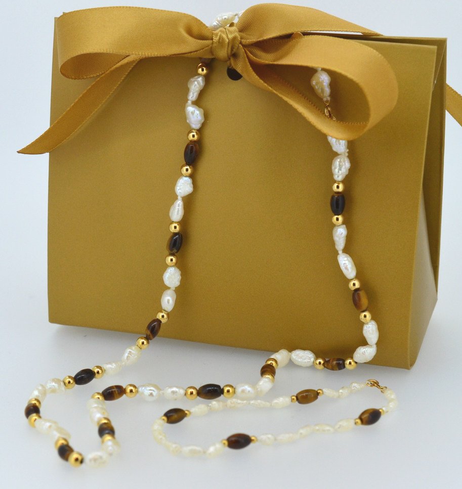 Tigers Eye & Seed Pearl Necklace With Bracelet (1 of 3)