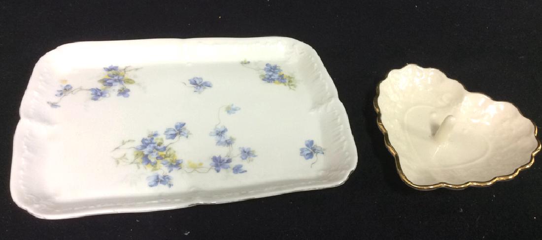 Lenox Ring Dish Limoges Tray: Limoges porcelain tray with blue flowers marked for Limoges France G D and Co, measures 10 by 7.5 inches, Lenox made in USA Wedding Promises Collection, gold trim heart shaped dish with ring holder
