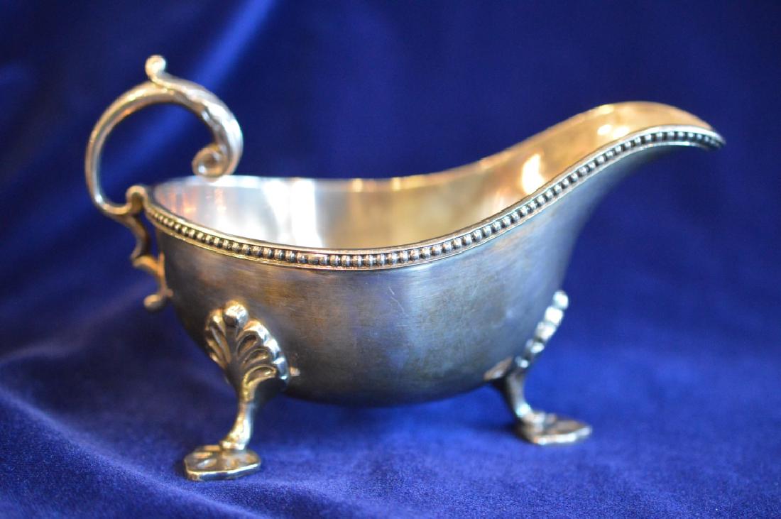 William Hutton & Sons Footed Gravy Boat: Beautiful Beaded Edging & Footed Design, Hard Soldered Ornamental Handle, Stamped 5054 WH&S,Measures 6x3x2, Weighs 6.4 ounces