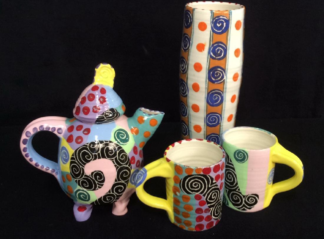 Signed Painted Pottery Lot Whimsical swirl and (1 of 8)