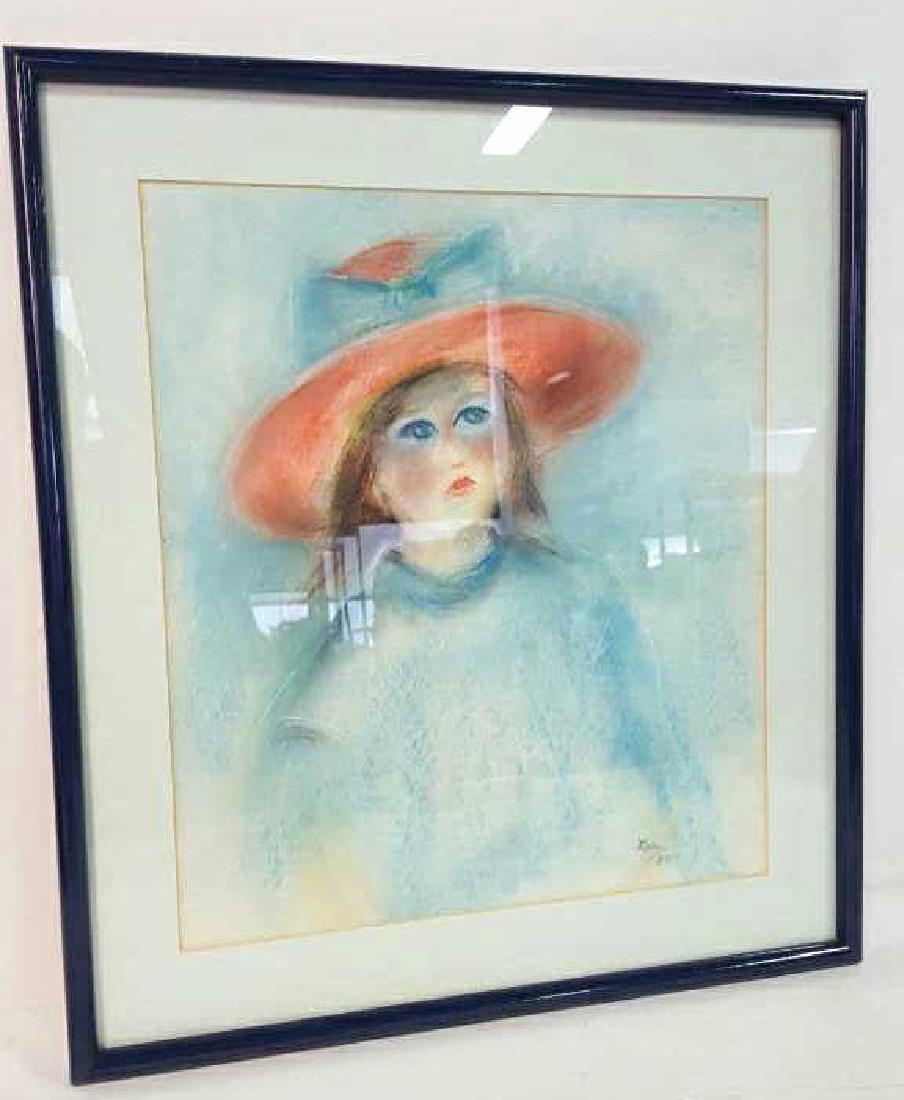 Signed Lea Pastel Signed Lea Pastel, pastel of young: Signed Lea Pastel, pastel of young girl wearing a hot, mostly cool colors, blue, signed and dated, dated 87, professionally framed and matted, blues painted wood frame, measures 21 inches high by 19 i