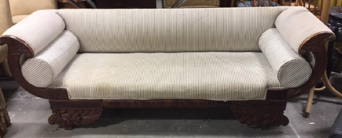 Antique Duncan Phyfe Style Sofa: Sofa in the style of renowned 18th Centuty cabinet maker, Duncan Phyfe. Decorative mahogany wood trim, scrolled armrests with bolster pillows, horsehair filled cushions, wood joinery, needs new uphols