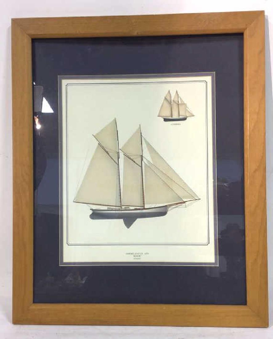 America's Cup Framed Artwork: Framed artwork entitled AMERICA'S CUP 1870 MAGIC winner. Depicts two ships -Magic and Cambria. Framed in wood and matted. Measures 22.5 inches H x 18.5 in inches W. Property of a Greenwich estate.