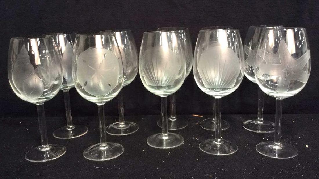 10 Sea Shell Theme Crystal Wine Glasses: Crystal stemware, beach themed, sea Shell themed set of ten. Each has frosted etched sea shell, star fish, sand dollar and more. Summer fun cocktail hour. Property of Greenwich Estatw
