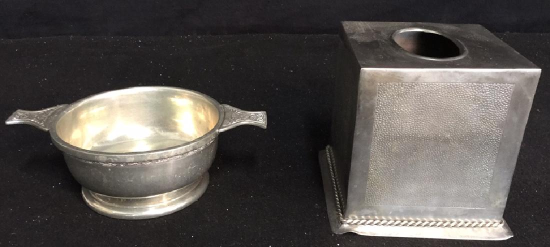 Decorative Metal Container & Tissue Box Cover 1 WG Wood: 1 WG Wood Group metal bowl with handles. Handles and bowl have carved decorative trim. Measures 3 inches H x 9 inches W with handles. Tissue box cover has hammered metal sides and braided trim at bott
