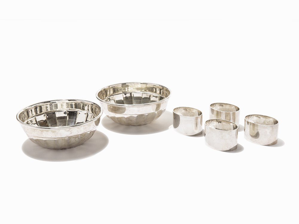 Garrard Napkin Rings & Mauppin & Web Bowls: Sterling silver England, C. 1929-1950 Mauppin & Web and Garrard – English silversmiths Hallmarks: four napkin rings with Garrard, London, England, 1950 marks Hallmarks: two bowls with Mauppin & Webb