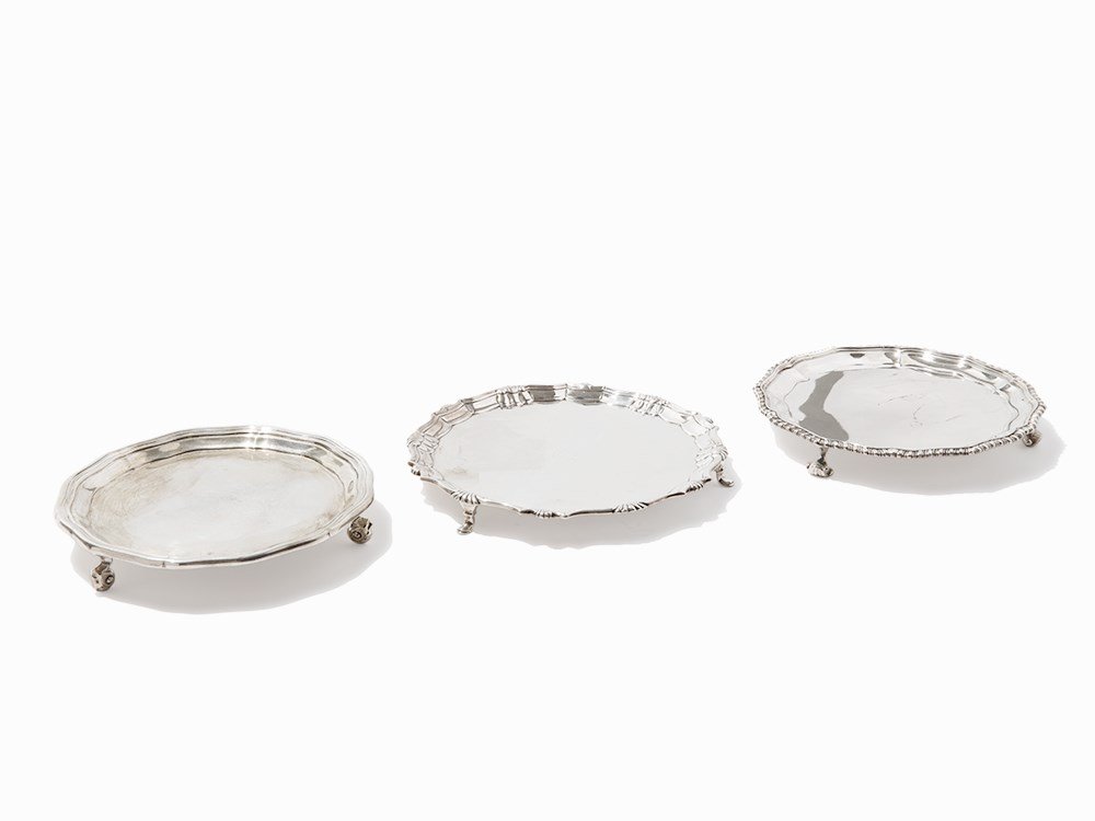 3 Silver Trays: Sterling silver England, C. 1899-1916 Charles Stuart Harris, Lionel Alfred Crichton, and Jay, Richard, Attenborough Co., Ltd – silversmiths Hallmarks: one tray has Charles Stuart Harris, London, Eng