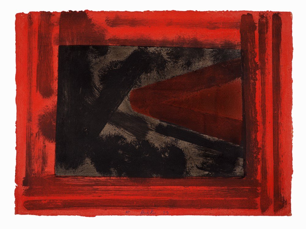 Howard Hodgkin, Here We Are in Croydon, lithograph,: Howard Hodgkin (BRITISH, 1932) Here we are in Croydon Lithograph with hand coloring in watercolor and gouache 1979 Signed and dated in pencil, lower margin Numbered AP in pencil, lower margin. An arti