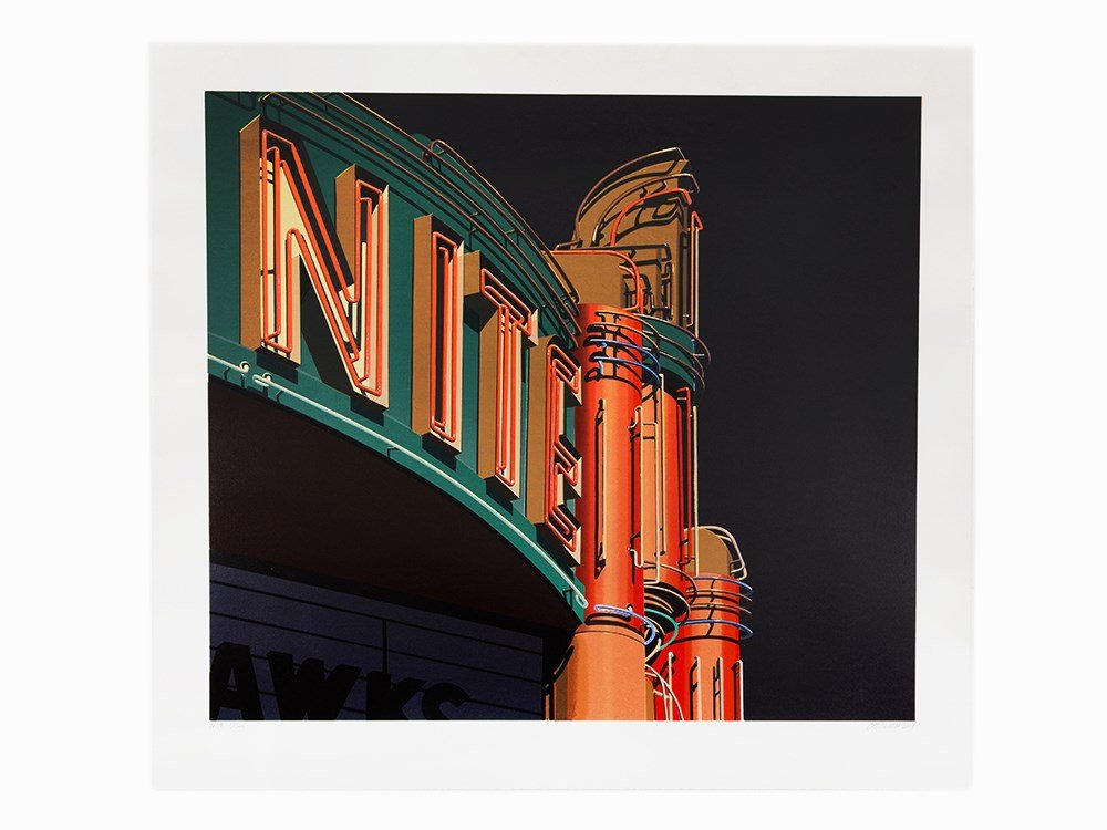 Robert Cottingham, Nite, screenprint, 2009: Robert Cottingham (AMERICAN, 1935) Nite Screenprint on wove paper 2009 Signed and dated in pencil, lower right Titled and numbered 77/100 in pencil, lower left Dimensions: 38 x 38 inches (97 x 97 cm)