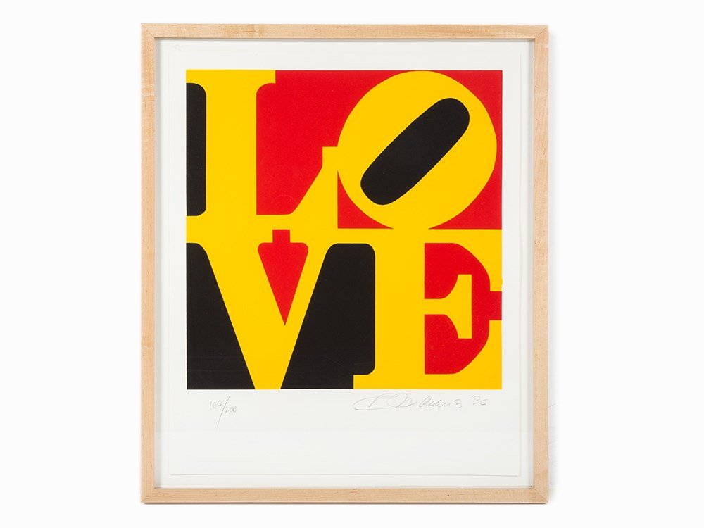 Robert Indiana, German Love, lithograph, 1996: Robert Indiana (AMERICAN, 1928) German Love Color lithograph on wove paper 1996 Signed and dated in pencil, lower right Numbered 107/200 in pencil, lower left Dimensions: 24 x 19 3/4 inches (61 x 50.2