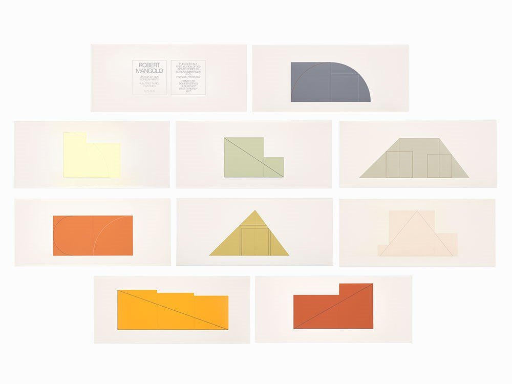 Robert Mangold, A Book of Silk Screen Prints,: Robert Mangold (AMERICAN, 1937) A Book of Silk Screen Prints, Multiple Panel Paintings, portfolio Complete set of 9 color screenprints on white wove paper 1992 One print signed in pencil, lower right