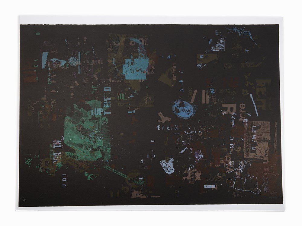 John Cage, Lithograph A, photolithograph, 1969: John Cage (AMERICAN, 1912-1992) Lithograph A Color photolithograph on black wove paper 1969 Signed and titled in pencil, lower right Numbered 23/125 in pencil, lower left Dimensions: 27 3/4 x 39 1/2 i