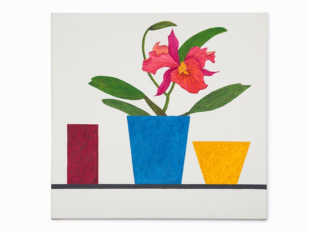 Ed Baynard, Orange Orchid, acrylic on canvas, 2012: Ed Baynard (AMERICAN, 1940) Orange Orchid Acrylic on canvas 2012 Signed, titled and dated in ink, on the overlap Dimensions: 24 x 24 inches (61 x 61 cm) Pristine condition Contact department for full