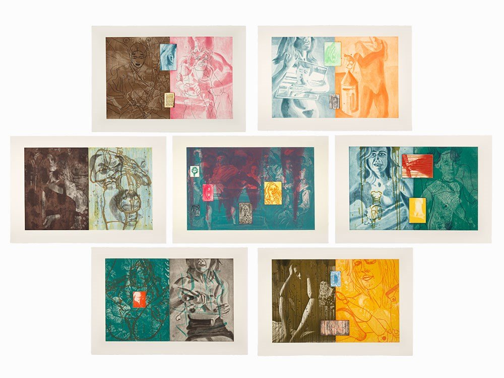 David Salle, Canfield Hatfield suite, (7 of 9): David Salle (AMERICAN, 1952) Canfield Hatfield suite (7 of 9; lacking the two vertical prints) Seven color aquatints with photo-etching on Somerset 1989 Signed and dated in pencil, lower right Numbere