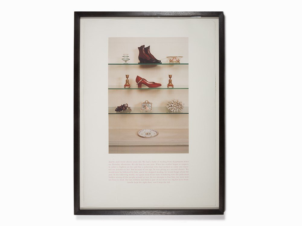 Sophie Calle, Red Shoe, iris print, 2000: Sophie Calle (FRENCH, 1953) Red Shoe Iris print on cream Arches 2000 Signed in pencil, verso Numbered 27/125 in pencil, verso Dimensions: 36 1/4 x 26 inches (92 x 66 cm) Full margins Framed In overall