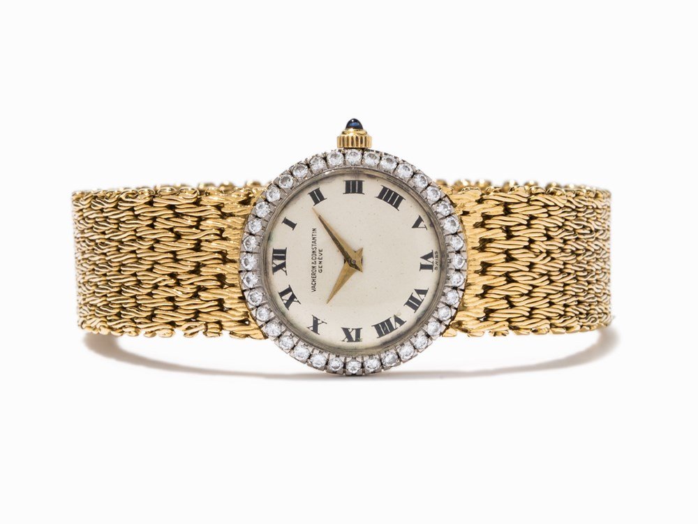 Vacheron Constantin Ladies Watch, Switzerland, c.1960: Vacheron Constantin Ladies Vintage Wristwatch Switzerland, circa 1960 Manual Movement, Calibre 1050/B; hour, minute Silver dial, Gold Dauphine hands 18kt Yellow Gold Case, Crown with sapphire cabochon