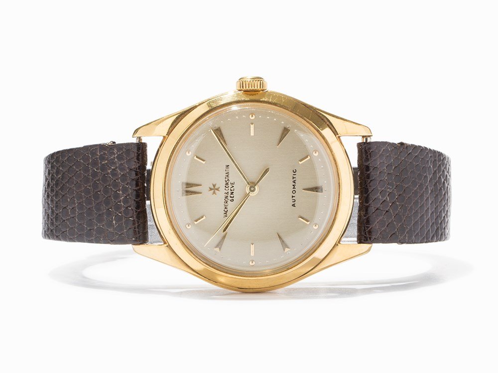 Vacheron Constantin, Ref. 4870, Switzerland, c.1950: Vacheron Constantin Men's Watch, Ref. 4870 Switzerland, circa 1950 Automatic Movement, Calibre P499; hour, minute, second Silver dial, Gold baton hands and baton and pyramid indices 18kt Yellow Gold C