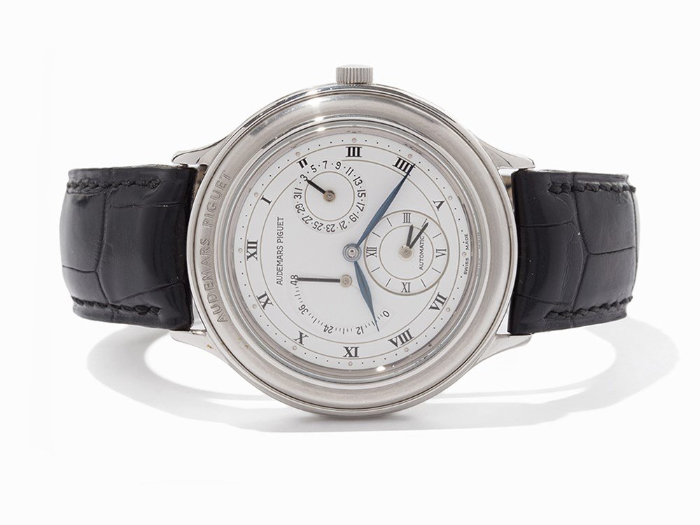 Audemars Piguet Prototype, Ref. 25685ST.OO.A001CR.01,: Audemars Piguet, Ref. 25685ST.OO.A001CR.01 Switzerland, circa 1996 Automatic Movement, hour, minute, sub-dial date, sub-dial second timezone with hour/minute, power reserve indicator White dial, Feui