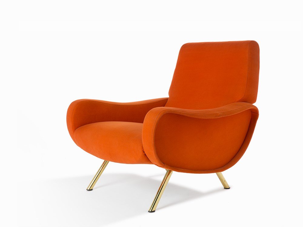 Marco Zanuso, Lady Chair, Italy, C. 1951: Upholstered frame, brass Italy, circa 1951 Marco Zanuso (1916-2001) Manufactured by Arflex Sleek lounge chair with upholstered seat and back, shaped arms with flanged rim Literature: “Il Mobile Ital