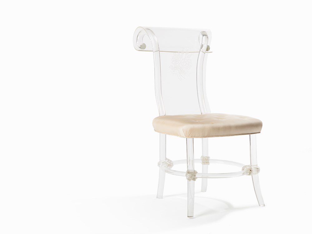 Ladislas Medgyes, Chair, Helena Rubenstein Coll., USA,: Plexiglas and silk upholstery USA, 1941 Ladislas Medgyes (1892) Manufactured by Rohm & Haas Hollywood Regency style Literature: “Over The Top”, Slesin, p. 180; “Art Plastic: Designed for Living�