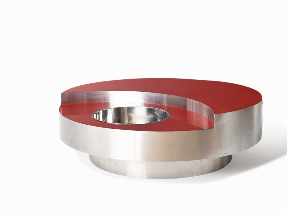 Willy Rizzo, Coffee Table, Italy, C. 1975: Stainless steel, laminate and wood Italy, circa the late 1970s Willy Rizzo (1928-2013) Modernist design Circular two level coffee/bar table with integrated wine cooler 14 ¼” x 45” (height x diame