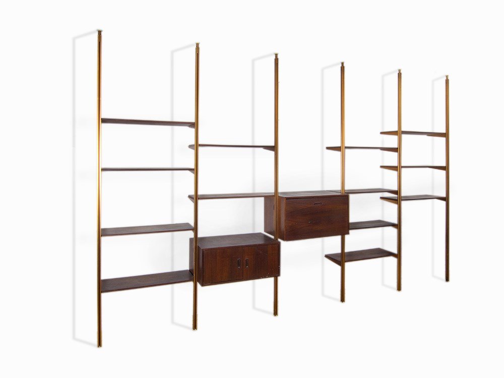 George Nelson, “Omni” Wall Unit, USA, C. 1961: Walnut veneer on plywood and bronzed metal USA, circa 1961 George Nelson (1908-1986) Manufactured by Herman Miller Co., Zeeland, Michigan, USA Mid-century Modern Shelves branded “Omni” Modular uni