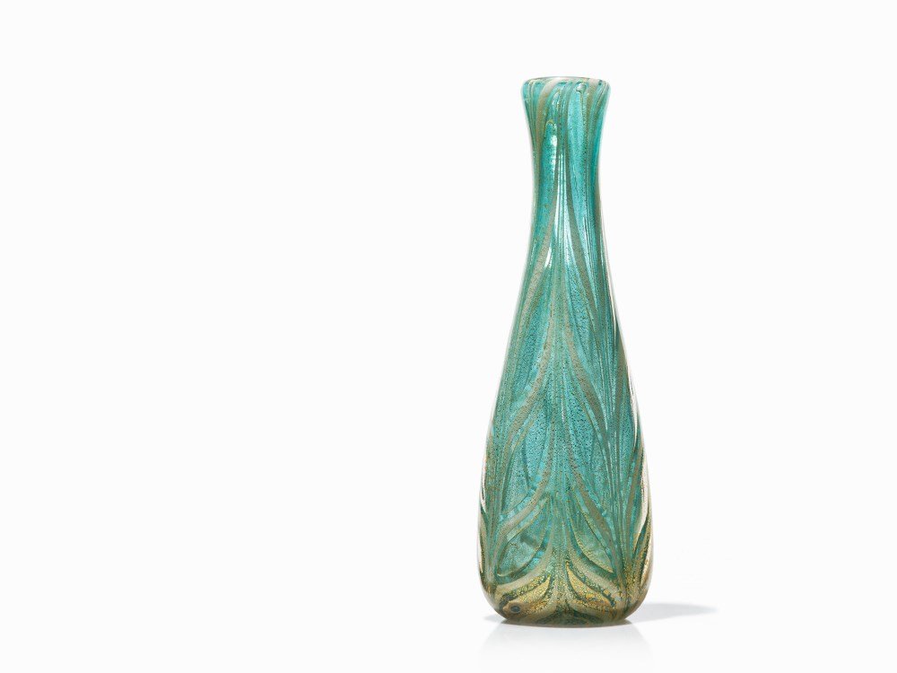 Barovier & Toso, Graffito Glass Vase, Italy, C. 1952: Glass and gold aventurine Italy, circa 1952 Manufactured by Barovier & Toso, Venice Mid-century Modern Tall blown glass bottle form vase with graffito technique and gold aventurine inclusions 13 ¾”