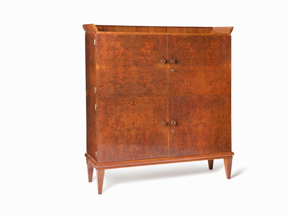 Art Deco Bar, Austria, Early 20th C.: Burl walnut, other woods and Carrara marble Austria, early 20th century Four doors with floriform pulls and marble lined compartment Interior shelves and drawers 62 ¼” x 56 ¼” x 17 ¾” (height