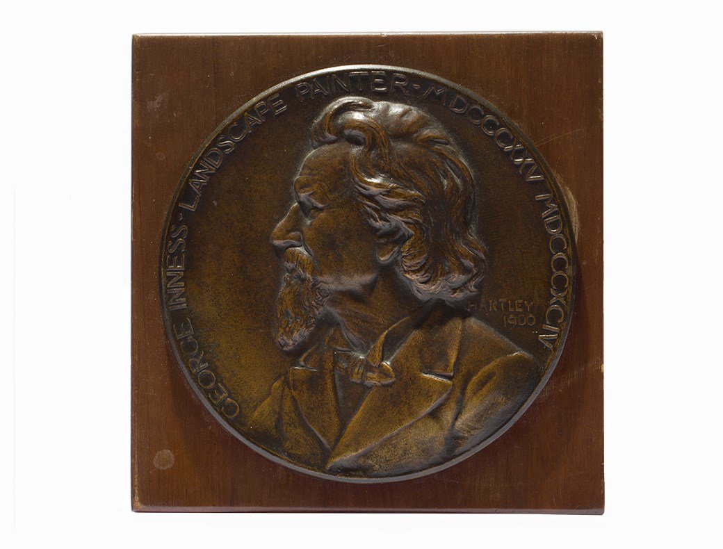 Jonathan Scott Hartley, Bronze, The George Inness Gold: Bronze Jonathan Scott Hartley (American, 1845-1912) Stamped with artist's name and date lower right 'Hartley 1900' Dimensions: 5 in. (12.7 cm.) Dimensions, mounted: 7 x 7 x 1/2 in. (17.9 x 17.8 x 1.3