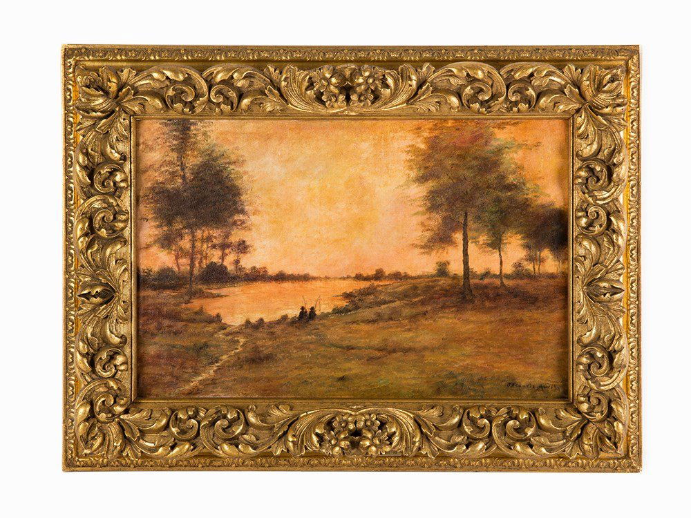 John Francis Murphy, Oil on canvas, 'Wooded Landscape': Oil on canvas John Francis Murphy (American, 1853-1921) Signed lower right 'J. Francis Murphy' Dimensions: 13 3/4 x 21 1/2 in. (34.9 x 54.6 cm.) Dimensions, framed: 21 1/2 x 28 1/2 x 4 in. (54.6 x 72.