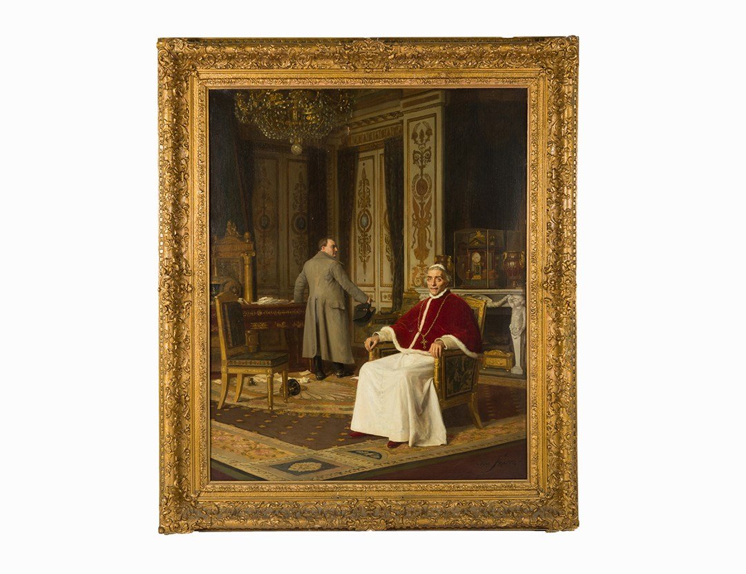 José Frappa, Oil on canvas, 'Pius VII et Napoleon': Oil on canvas José Frappa (French, 1854-1904) Signed lower left 'José Frappa' Dimensions: 25 x 31 in. (63.5 x 78.7 cm.) Dimensions, framed: 39 1/2 x 33 x 3 in. (100.3 x 83.8 x 7.6 cm.) This scene by