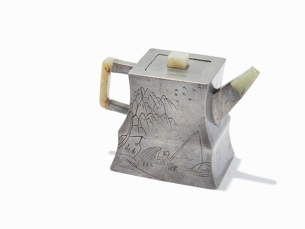 Pewter and Jade Teapot, China, Late Qing Dynasty: Pewter, jade China, late Qing dynasty Mark on interior floor on teapot 4 x 5 ½ x 2 5/8 in. (height x width x depth) Good condition Provenance: Property from the Fetté Family Collection, Saint Louis,
