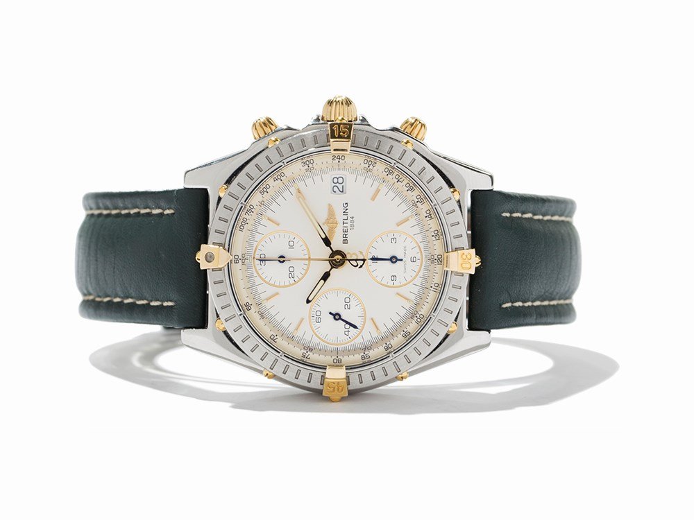 Breitling Chronomat 10th Annv. LE, Ref. B13050, c.1994: Breitling Chronomat 10th Annv. LE, Ref. B13050 Switzerland, circa 1994 Automatic movement, caliber 7750; hour, minute, seconds, chronograph, and date Silvered Matte dial with Gold Baton ho