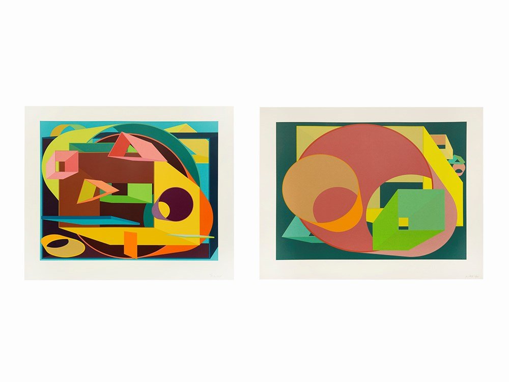 Al Held, Pair of Screenprints, ‘Scholes I and II’, 1991: Two color screenprints on Arches USA, 1991 Al Held (b. 1929) – Hard-Edge Abstraction artist ‘Scholes I and II’ Each signed and numbered in pencil lower right ‘AL HELD’ Each from an edition o